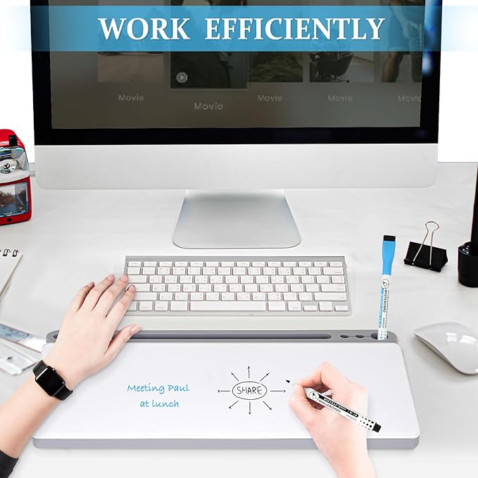 DOLLAR BOSS Glass Desk Whiteboard Small Dry Erase Board Desktop White Board with Storage Drawer Computer Keyboard Stand Desk Organizer Office Accessories School Supplies with 4 Markers 1 Eraser, Grey