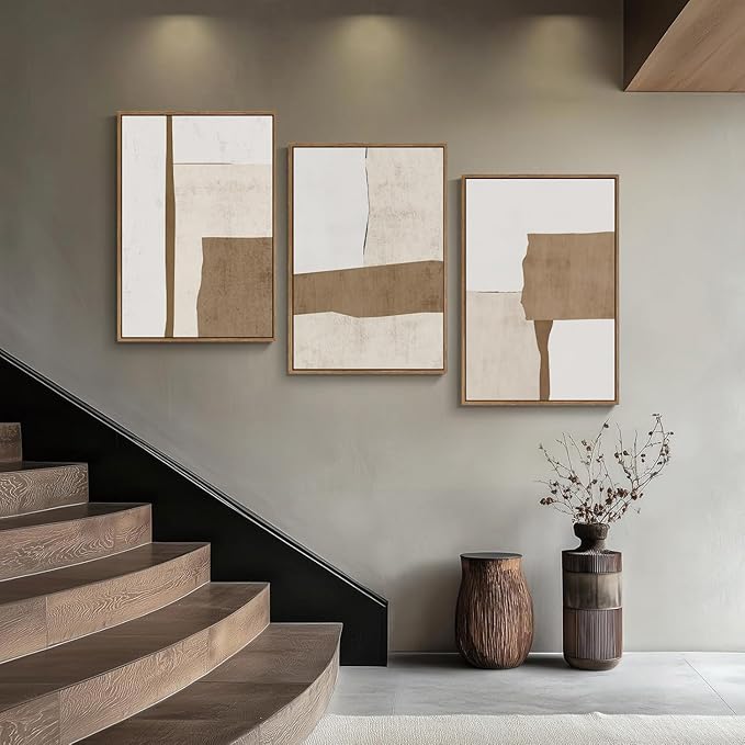 myusuar 3 Piece Large Modern Abstract Canvas Framed Wall Art For Living Room, Brown And Beige Block Minimalist Wall Art Decor Posters Prints For Bedroom Office, 24x36in
