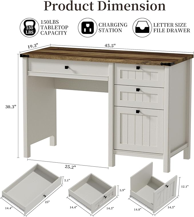 Executive Desk, Farmhouse Computer Desk with Drawers & Cabinet, Home Office Desk for Work Study Writing Workspace (Antique White, 45")