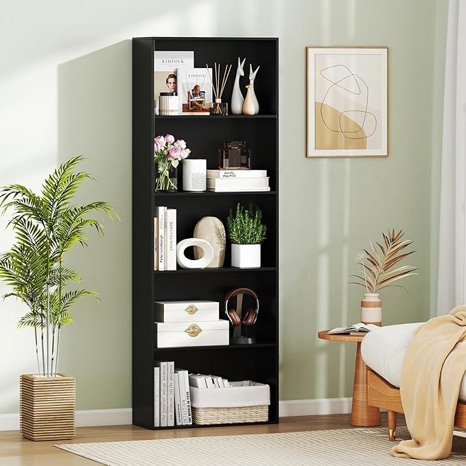 Giantex 5-Tier Bookshelf, Freestanding Bookcase with 5 Open Shelf, Modern Display Shelf, Storage Organizer for Living Room Bedroom Home Office, Black
