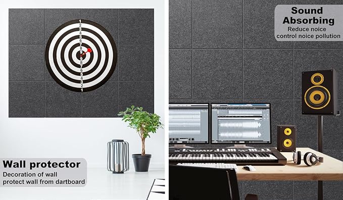 Felt Wall Tiles Bulletin Board Large Cork Board Alternative 12 Pack 11.81”x11.81”x0.47” Felt Pin Board Tack Board with Safe Removable Adhesive Tabs for Home Office School 48x36(Charcoal Grey)
