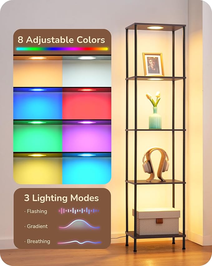 EDISHINE RGBW Floor Lamp, 5-Tier Display Shelf with Light, Adjustable Brightness & Color Temperature, 3 Lighting Modes, Remote Control, Stable Floor Lamps for Living Room, Bedroom, Study, Dark Walnut