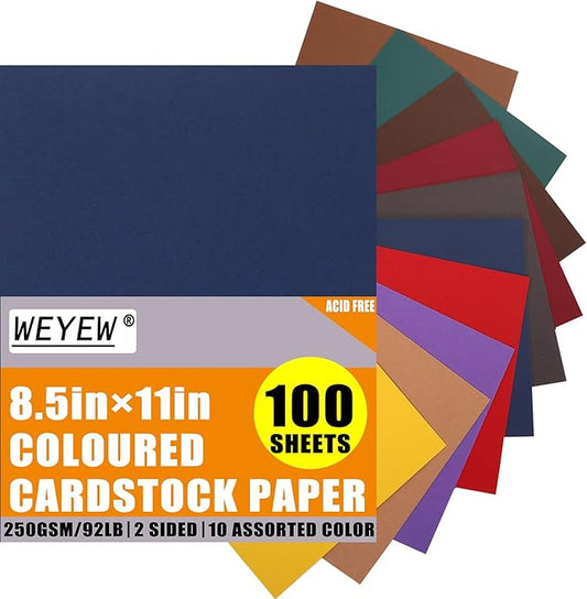 100 Sheets Cardstock 10 Dark Color, 8.5" x 11", 92 LB/250 GSM for Card Making, Craft, Party Decors, Kids School Supplies