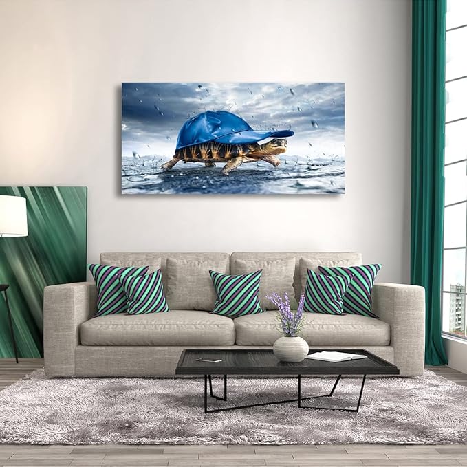 Haichuang Decor Art Funny Turtle Canvas Wall Art 40x20 Inches Framed Turtle with Blue Cap Wall Decor Wood Frame Waterproof HD Giclee Print Ready to Hang Humor Animal Artwork for Living Room Bedroom Bathroom