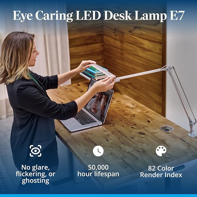 UPLIFTDESK E7 LED Desk Lamp - Adjustable 3 Color Modes, Dimmable Home Office Desk Light for Standing Desk, Dual Monitors, Aluminum Task Lamp (Black Base)