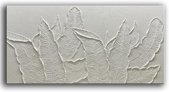 YaSheng Art- Wall Art Oil Paintings ,Modern Tropical Palm Leaf Wall Art, Handmade 3D Textured Relief White，Modern Minimalist Wall Art Abstract Artwork painting, Wall Art for living room Bedroom Wall Deco Home, Framed Wall Art Pictures 24X48 Inches