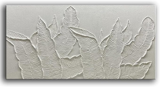 YaSheng Art- Wall Art Oil Paintings ,Modern Tropical Palm Leaf Wall Art, Handmade 3D Textured Relief White，Modern Minimalist Wall Art Abstract Artwork painting, Wall Art for living room Bedroom Wall Deco Home, Framed Wall Art Pictures 24X48 Inches