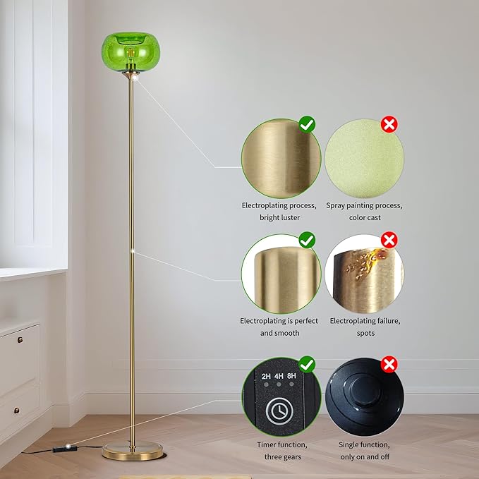 MAYNA Globe Floor Lamp, Emerald Green Round Glass Standing Lamp with Built-in Timer Switch, Gold Tall Vintage Lamps for Living Room Bedroom, 2700K LED Bulb Included