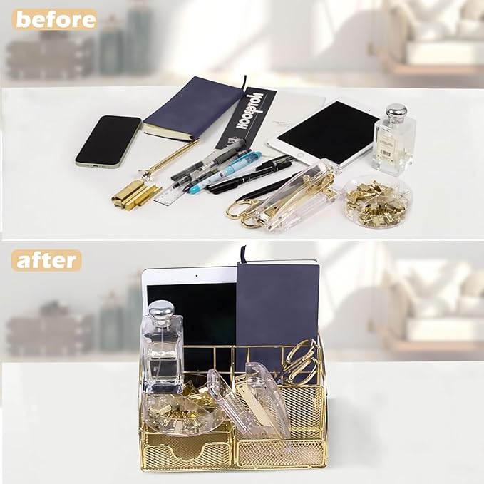 Gold Desk Organizers,Desk Accessories,Office Supplies Set,13PS Set with Acrylic Stapler,Tape Dispenser,Staple Remover,Pen Holder,Clips,Scissor, Phone Holder,Pen