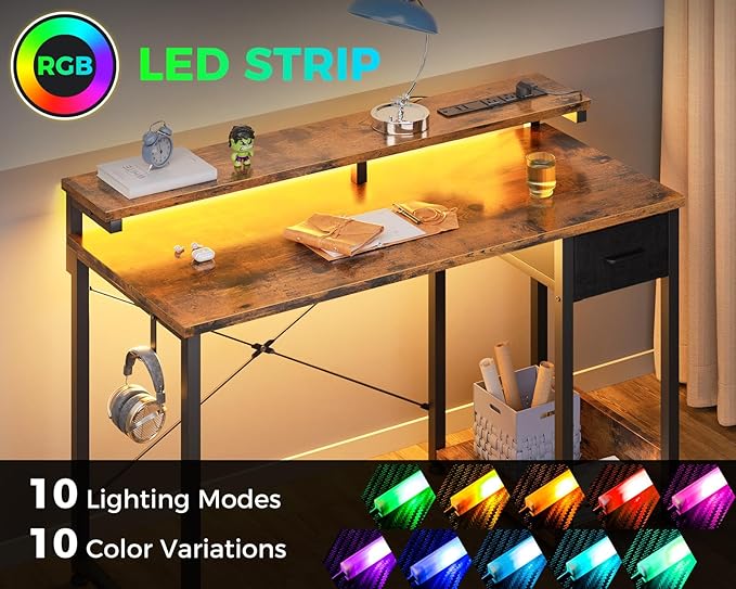 AODK Gaming Desk with LED Lights & Power Outlet, 40 Inch Computer Desk with Drawer, Reversible Small Desk with Monitor Stand & Headphone Hook for Home Office, Rustic Brown