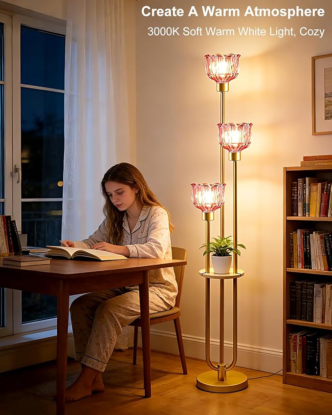 Lightdot Glass Floor Lamp for Living Room 3-Lights Modern Dimmable Gold Floor Lamp with Rose Red Glass Shade & 3000K Bulbs Included Unique Tall Standing Lamp for Bedroom/Sofa Beside/Corner Decor