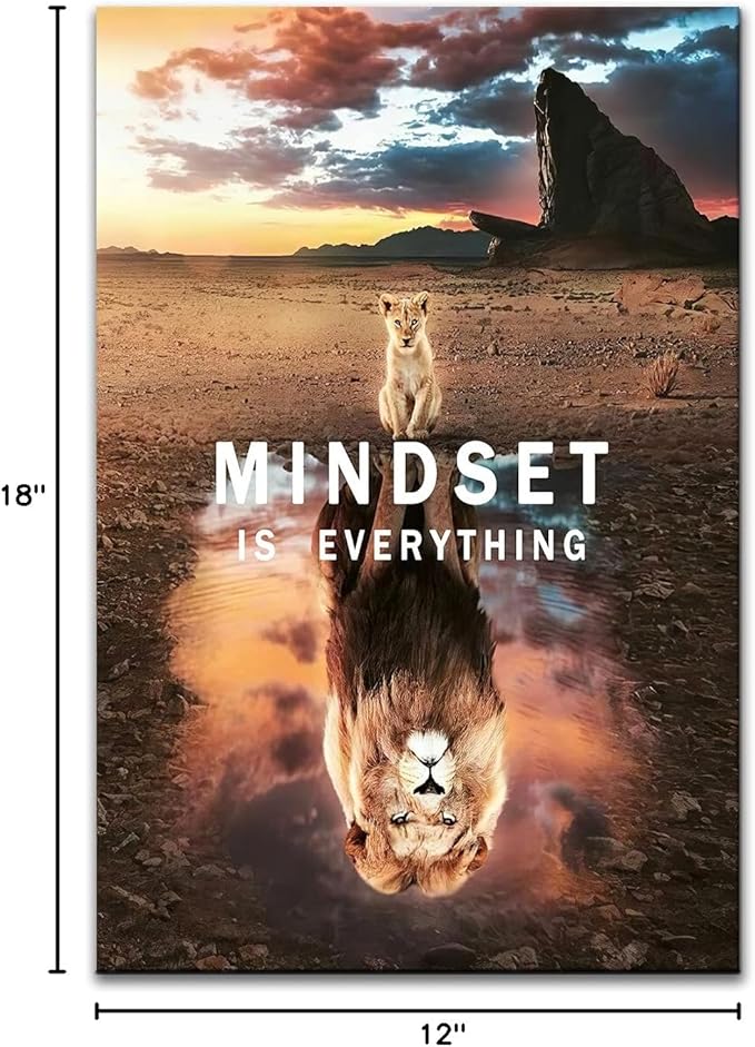 Inspirational Canvas Painting Small Cat and Big Lions Mindset is Everything Wall Art Cute Animal Poster Prints Wall Pictures for Office Living Room Home Decor Framed Ready to Hang [12''W x 18''H]