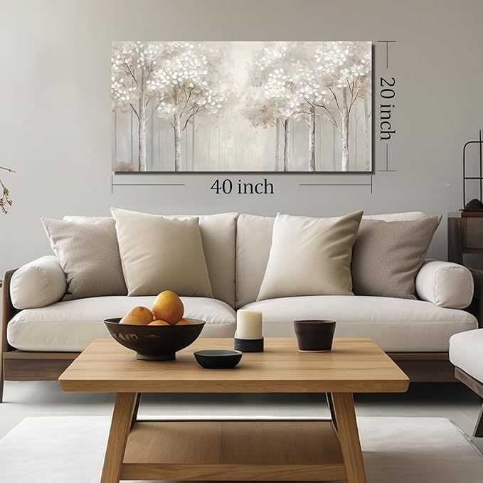 ANCXWOTER Large Forest Wall Art for Living Room Light Grayish-White Misty Birch Tree Picture for Bedroom Office Modern Landscapes Canvas Prints Ready to Hang 20x40 Inch（This color is a kind of light beige with a hint of gray, misty and dim.）