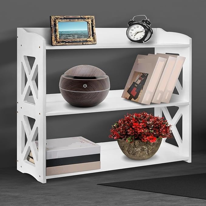 White Bookcase by Natural Wood, 4 Tier Bookshelf, Small Book Shelves Freestanding Display Storage Shelves. Open Bookshelf for Bedroom, Living Room and Office (White, 3 Tier)