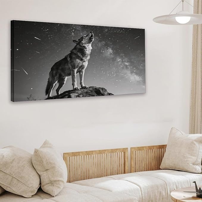Black White Wolf Framed Canvas Wall Art for Bedroom, Nature Animal Wall Decor 58" L x 28" W