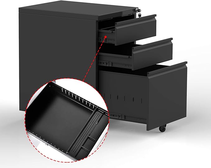 Anwick 3 Drawer Mobile File Cabinet with Lock, Under Desk Metal Filing Cabinet for Legal/Letter/A4 File, Fully Assembled Except Wheels (Black)