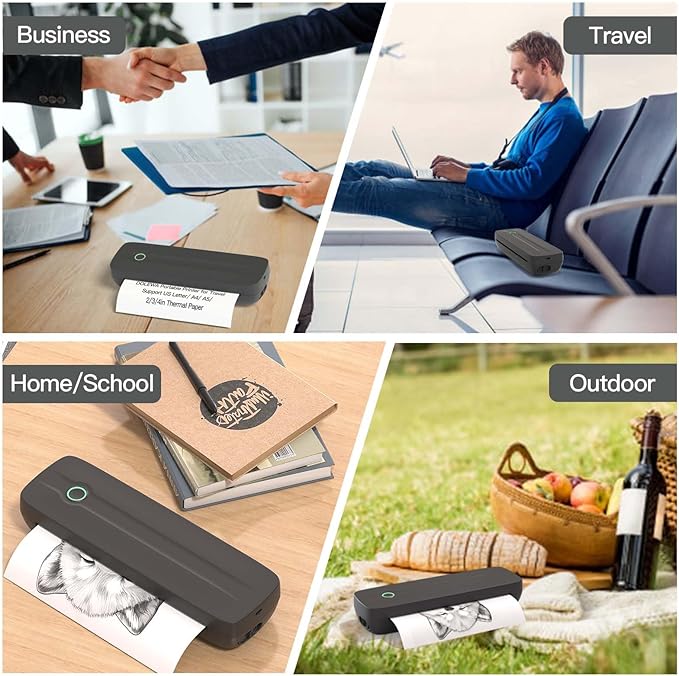 Portable Thermal Printer, Wireless Bluetooth Printer Support US Letter/A4/A5/4in/3in/2in Thermal Paper, Inkless Printer Compatible with iOS, Android & Laptop for Travel, Office, School, Vehicle