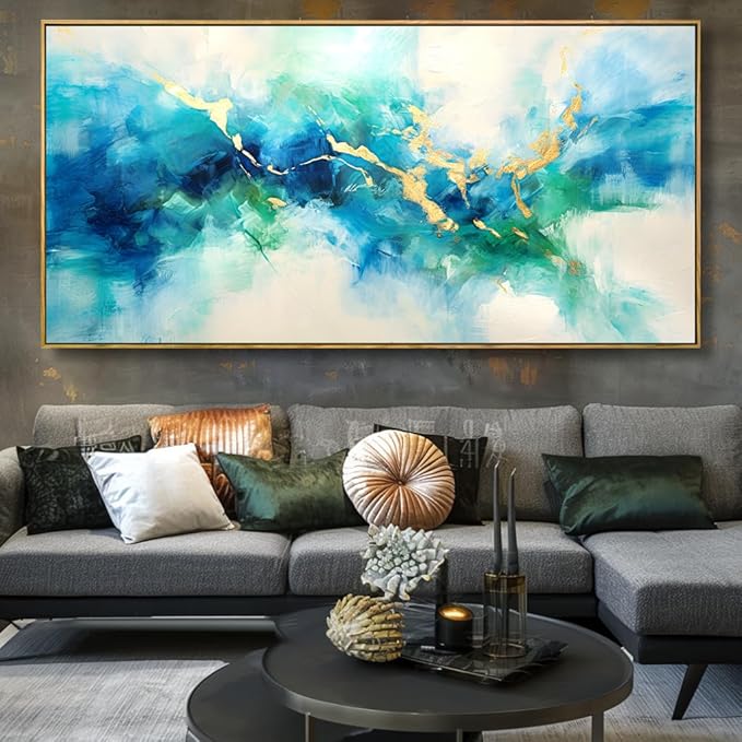 Wall Art Abstract Canvas Painting Green Blue and Gold Fantasy Wall Decor Modern Artwork for Bedroom Living Room Dining Room Home Office Decor 20"x40" with Framed