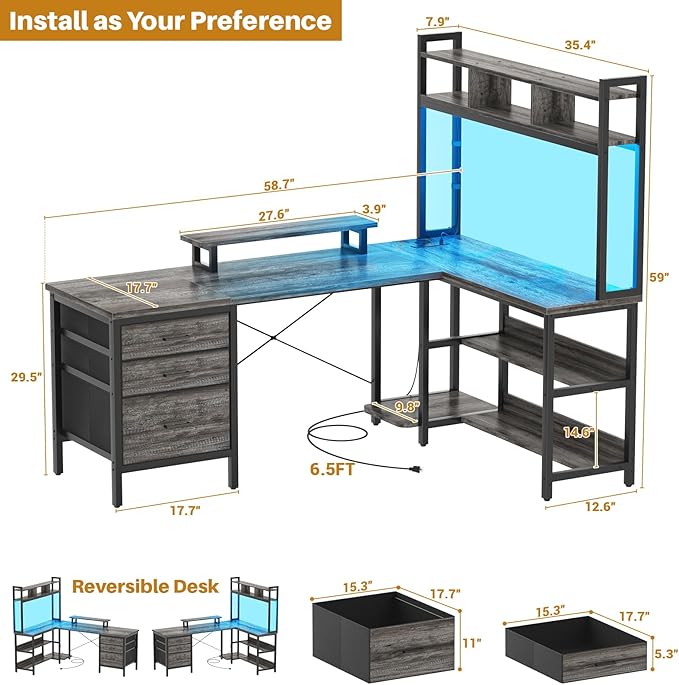 Aheaplus L Shaped Desk with Hutch, Gaming Desk with Led Lights, Reversible Computer Desk with Power Outlet, Corner Desk with File Drawer & Monitor Stand, Storage Shelves for Home Office, Black Oak