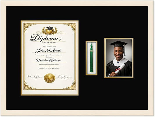 CountryArtHouse Diploma Tassel and Photo Shadowbox Fits 10 x 13 College Diploma (Portrait Traditional Coastal Whitewash Genuine Hardwood with Black Over Metallic Gold Double mat
