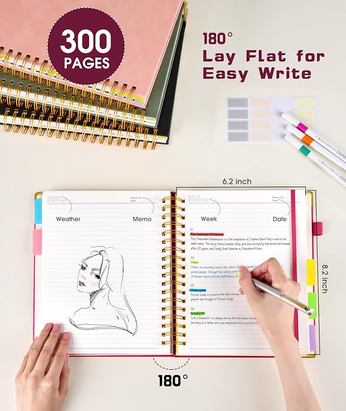 Hardcover Spiral Notebook journal with Removable Dividers Tabs, 300 Pages Leather 5 Subject Notebook College Ruled, 100GMS A5 Notebooks for Work School Note taking,Lined Journal for Women,A5-Rose