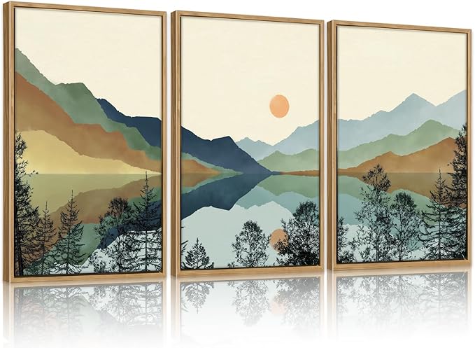 CHDITB Mountain Sun Forest Framed Art Prints(Set of 3, 24”x36”), Boho Watercolor Nature Landscape Canvas Artwork Painting, Abstract Foggy National Park Scenery Poster Decor for Living Room Bedroom