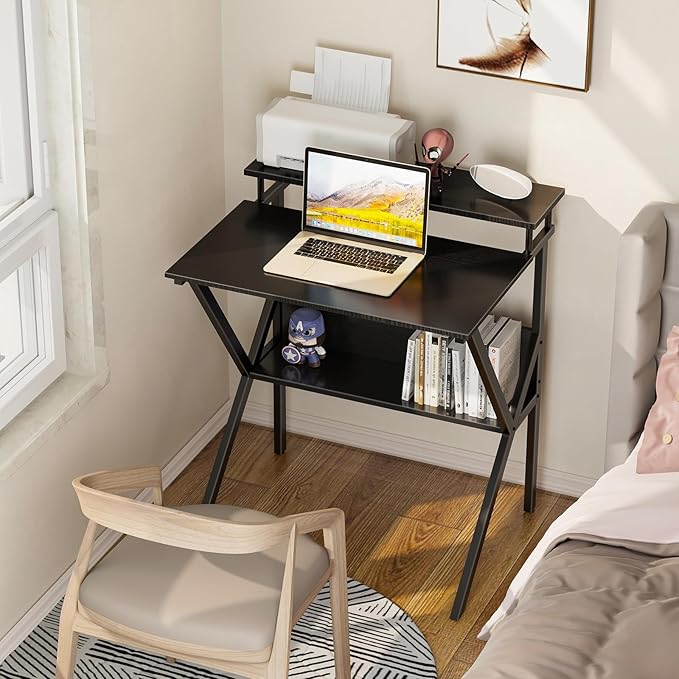 ODK Small Desk, 27.5 Inch Computer Desk for Small Spaces, Kids Desk with Storage, Study Table with Monitor Stand for Homeschool, Black