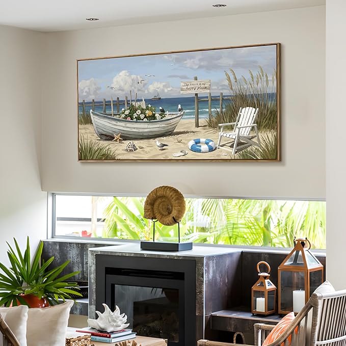 amatop Large Framed Coastal Wall Art – Gallery Wrapped Ocean & Nautical Canvas Print, Ready to Hang Beach House Decor with Flower Boat & Seagulls for Living Room, Bedroom & Office (48x24 Inches)