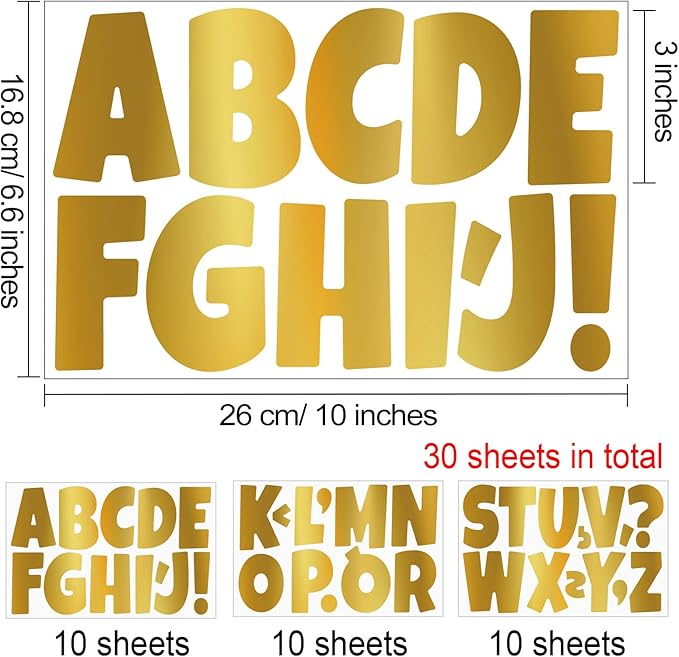 Bemeol Bulletin Board Letters 30 Sheets 3 Inch Stick on Letters Alphabet Cutout Letter for Bulletin Board Display School Classroom Home Decor(Gold)