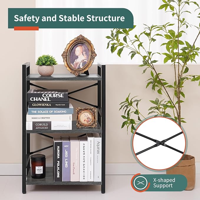 Yoobure Bookshelf Small Book Shelf, Solid Industrial 3 Tier Shelf Bookcase, Short Book Case for Bedroom, Living Room, Office Home, Small Spaces, Easy Assembly Charcoal Gray