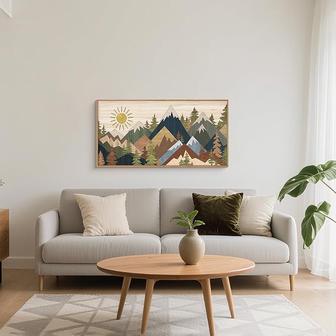 Large Abstract Mountain Woodcut Framed Canvas Wall Art,Vintage Pine Tree Wall Decor,Rustic Nature Forest Painting,Neutral Artwork for Living Room,Bedroom,Dining Room,Farmhouse - 20"x40"x1
