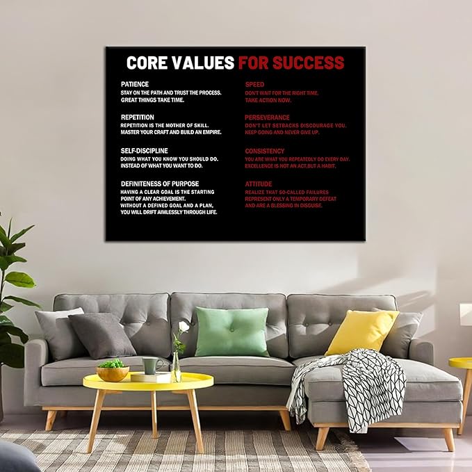 Motivational Wall Art Core Values for Success Inspirational Entrepreneur Quotes Poster Print Artwork for Living Room Office Workplace Wall Decoration Framed Ready to Hang [40''Wx 30''H]