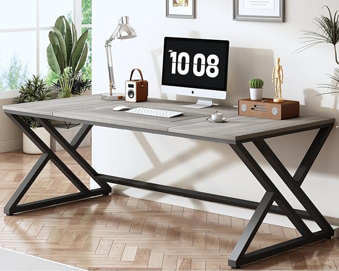 HSH 70.8 Modern Office Desk, Large Long Wood Metal Computer Desk, Industrial Double Executive Desks for Two People, Rustic PC Workstation Work Study Writing Computer Table for Home, Light Grey Oak