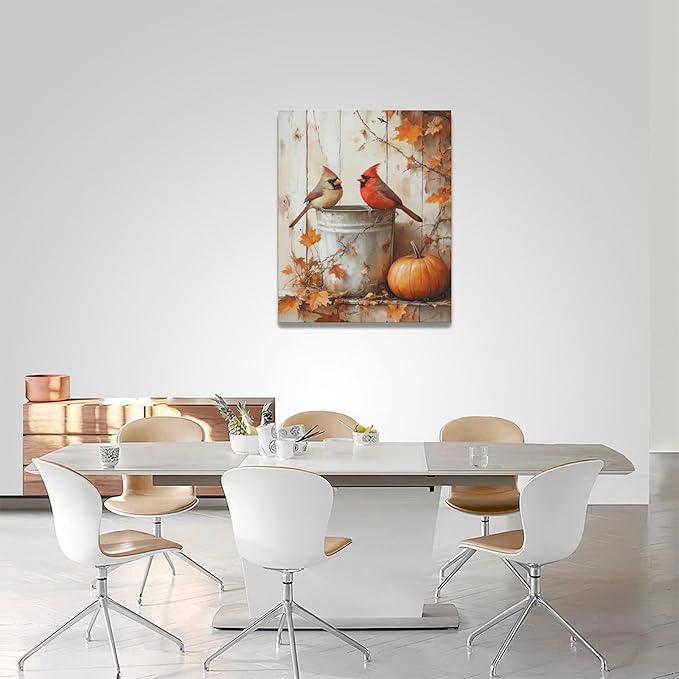 Fall Cardinal Wall Art Autumn Pumpkin Leaf Pictures Wall Decor Cardinals Canvas Painting Modern Artwork Home Decoration for Living Room Bathroom Bedroom Office Framed 16"x20"