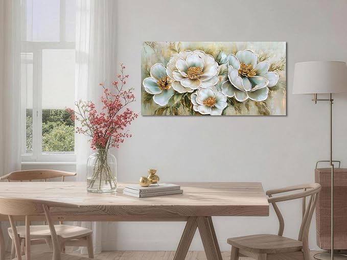 Arjun Vintage Wall Art Canvas Flower for Living Room, Rustic Floral Painting Bedroom, Teal Gold Textured Picture Framed Artwork Dining Room Kitchen Home Office Wall Decor 40"x20"