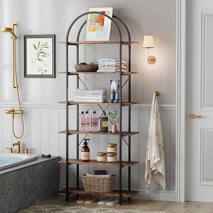 6 Tier Bookshelf, 83" Tall Arched Bookcase, Tall Book Shelf with Metal Frame, Industrial Display Standing Shelf for Living Room, Home Office, Bedroom, Brown