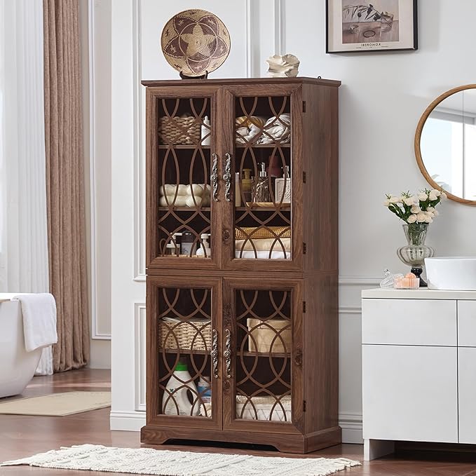 67" Tall Bookshelf, Rustic Book Shelf w/Vintage Pattern Tempered Glass Doors, 5-Tier Wood Bookcase with Adjustable Storage Shelves, Retro Curio Display Cabinet for Living Room, Brown