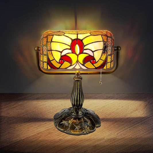 Tiffany Bankers Desk Lamp with Adjustable Shade, Baroque Style Stained Glass Piano Light with LED Bulb, Handmade Vintage Tiffany Desk Lamp for Office, Study, or Bedroom Décor.