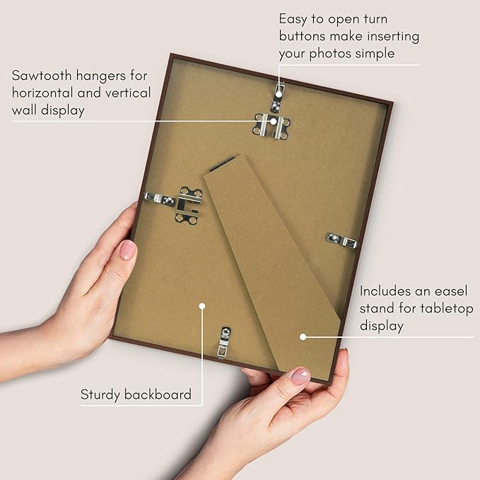 Americanflat 8.5x11 Picture Frame with Shatter-Resistant Glass - Streamline Collection - Thin Border Photo Frame for Tabletop and Wall Display - Hanging Hardware and Easel Stand Included - Walnut