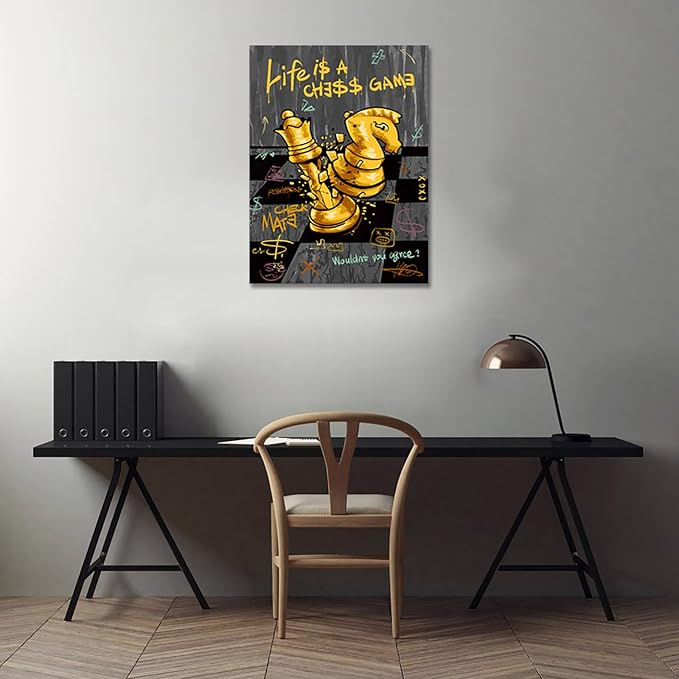 Motivational Wall Art, Abstract Chess Painting Positive Canvas Print LIFE IS A CHESS GAME Quotes Wall Decor Inspirational Poster Black Gold Office Picture Artwork Modern Home Decoration,18"x24" Framed