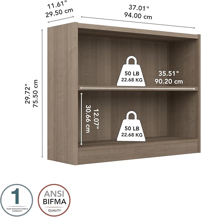 Bush Home Universal Small 2 Shelf Bookcase in Ash Gray, Low Storage and Display Bookshelf for Home Office or Living Room Organization