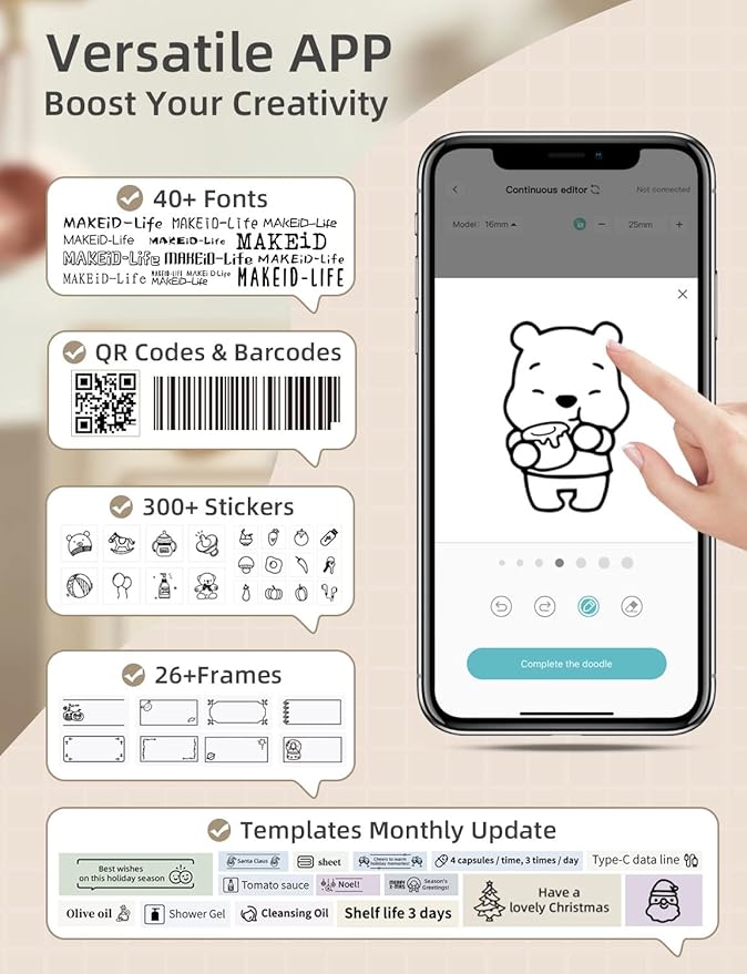 MakeID Q1 Label Maker Machine with 3 Tapes - Portable Bluetooth Label Makers for Home & Office Organization - Compatible with Apple iOS & Android - Clear Prints, Custom Templates & Fonts, Retro Design