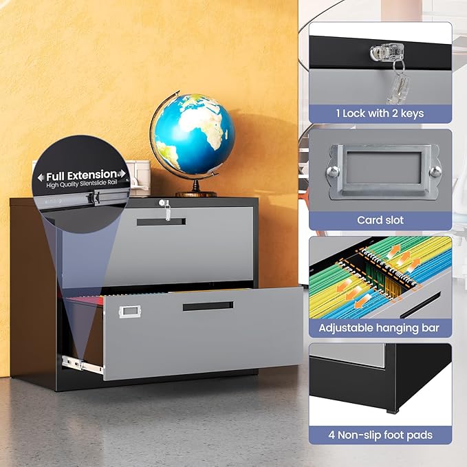 2 Drawer Locking Lateral File Cabinet, Wide&Deep Metal Filing Cabinet for Letter/Legal/A4/F4 Files, Includes Card Holder and Hanging Folders for Home Office, School, Business