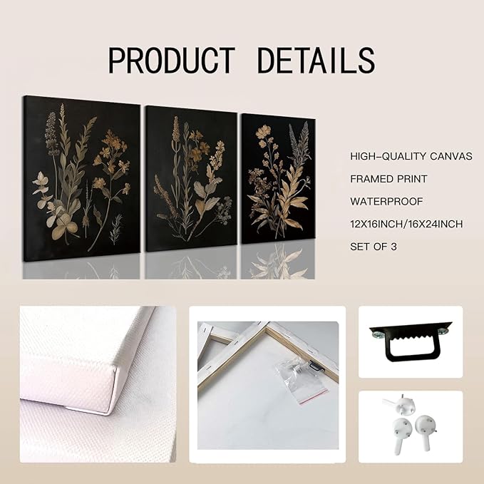TUEASKY 3 Piece Floral Canvas Wall Art Dark Moody Wall Decor Botanical Pictures Wildflower Paintings 3 pieces Flower Prints for Bedroom Living Room