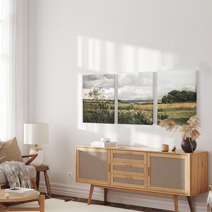 Vintage Bathroom Decor Wall Art Set of 3,Retro Country Wall Decor Field Landscape Wall Art Framed,Rustic Bathroom Wall Art Decor Moody Countryside Oil Paintings Pictures for Living Room Bedroom Office,12x16inch