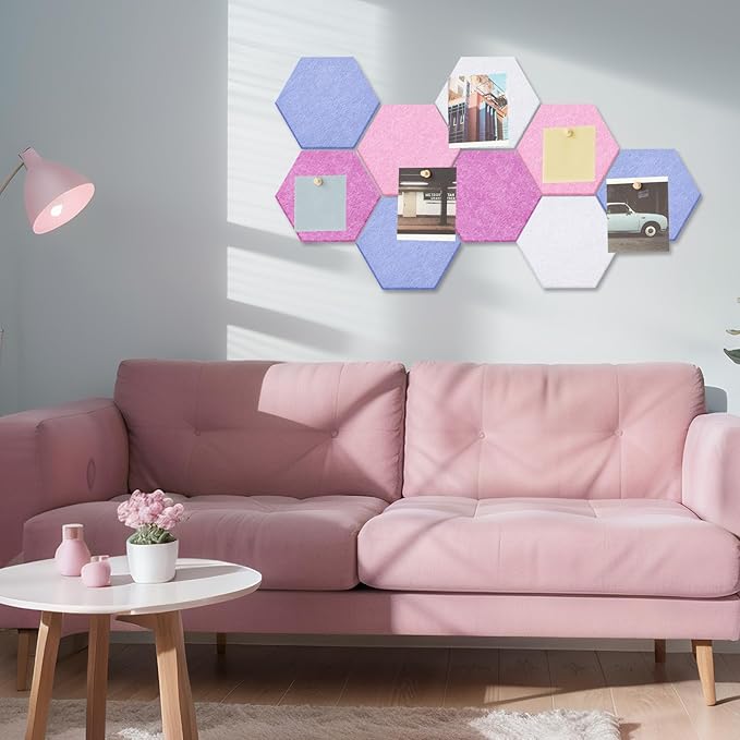 16 Pcs Hexagon Cork Board for Walls with 50 Wooden Push Pins 6.7 x 5.9 in Felt DIY Tiles Notice with Nano Tape Hanging Bulletin Board for Home Photo Office Memo Note (Pink)