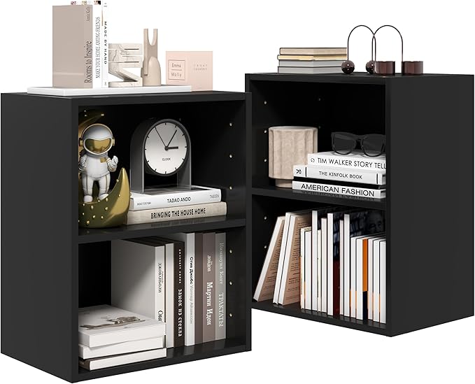 Tangkula 2-Tier Bookshelf, Open Shelf Bookcase with 7-Position Adjustable Shelf, Multifunctional Wooden Cubby Storage Display Shelf for Home Office Study Living Room (Black, 2)
