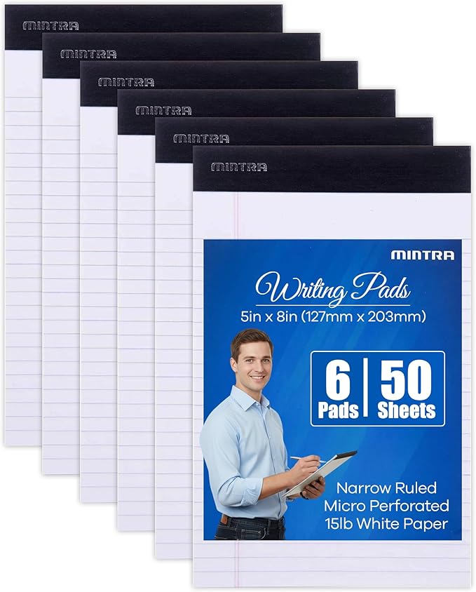 Mintra Office White Legal Pads – Ruled Notepads and Micro-Perforated Sheets, Ideal for Writing, Note-Taking & Creativity, Office, or Professional Use, Basic Pad 6 pack, 5"x8" (Narrow Ruled)