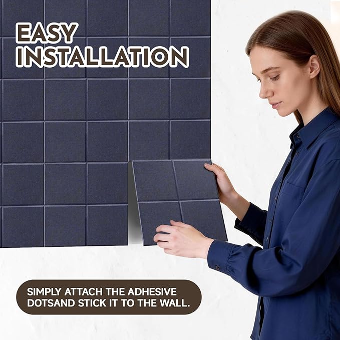 MISSDAY Blue Acoustic Wall Panel Felt Bulletin Board 24" x 36" Cork Board for Wall, 6-Pack Boards with 36 Removable Adhesive Tabs, 50 Pushpins, Pin Board for Home Office Classroom Soundproof Tiles