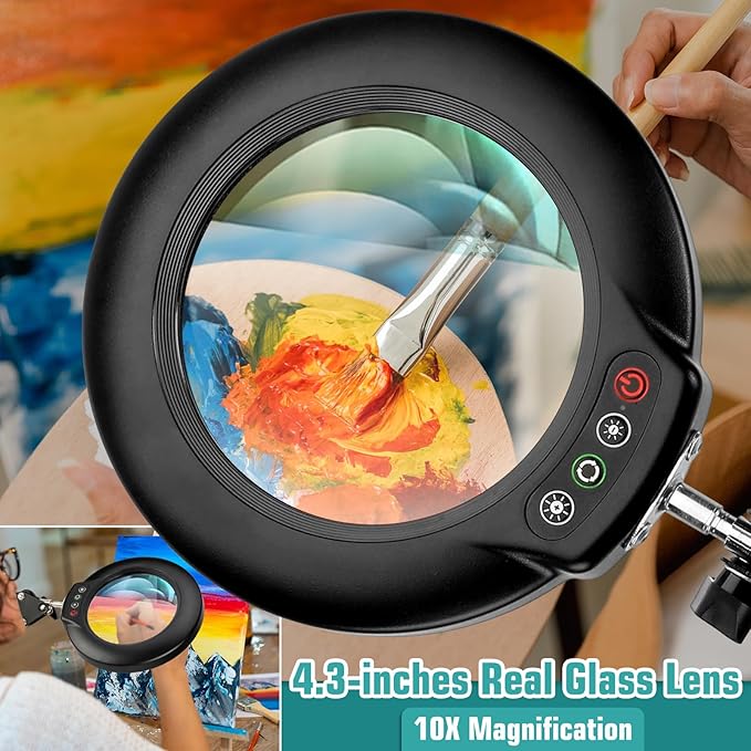 10X Magnifying Glass with Light and Stand, Real Glass Lens (Not Acrylic), 5 Color Modes, Stepless Dimmable, LED 3-in-1 Floor Lamp, Swing Arm with Clamp, Lighted Magnifier Hands Free for Craft, Reading